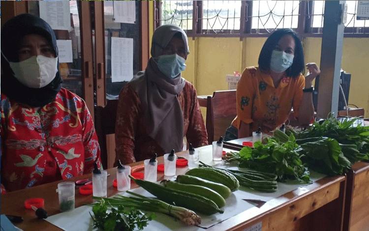 Pegawai Dinas Ketahanan Pangan Kapuas saat melakukan uji rapid tes sampel sayuran dan buah.