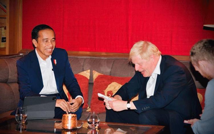 Presiden RI Joko Widodo saat melakukan pertemuan bilateral dengan Perdana Menteri Inggris Boris Johnson di sela perhelatan KTT G7, di Elmau, Jerman, Senin (27/6/2022). ANTARA/HO-Biro Pers Sekretariat Presiden