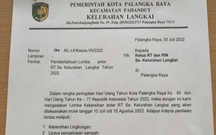 Surat pemberitahuan lomba tingkat RT di Kelurahan Langkai. (Foto: Sri Wanti)