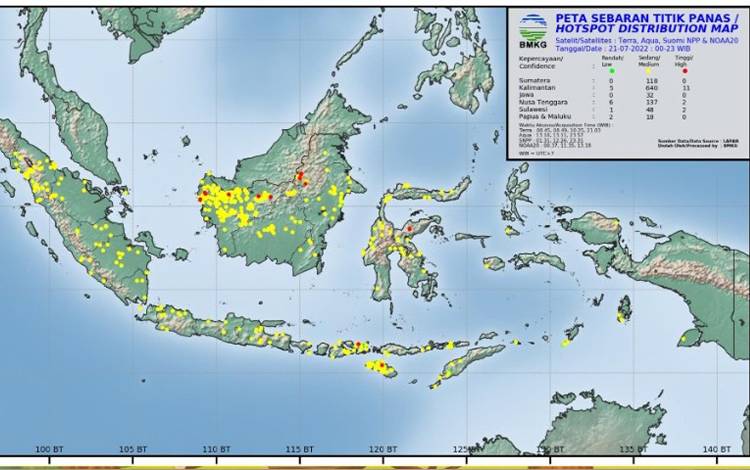 Peta sebaran titik panas di Indonesia, Kamis, 21 Juli 2022. (TANGKAPAN LAYAR: USAY)