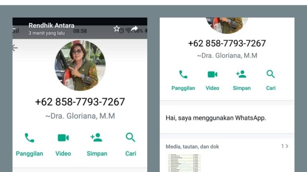 Tangkapan layar nomor WhatsApp mengatasnamakan pejabat Pemko Palangka Raya. (FOTO: POSTINGAN FACEBOOK GLORIANA ADEN)