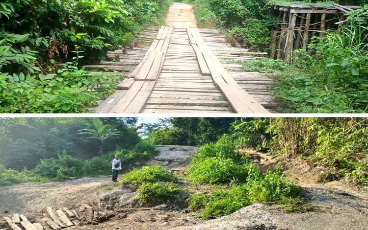 Salah satu jalan longsor dan jembatan rusak dari Desa Tongka menuju Batu Raya. (foto: Dhani)