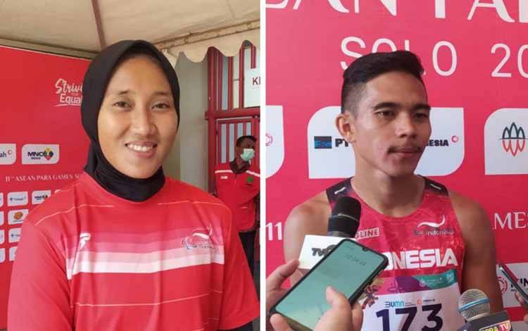 Gabungan foto pasangan suami-istri, Nur Ferry Pradana dan Aulia Putri, seusai perlombaan para atletik ASEAN Para Games 2022 Solo, Senin (1/8/2022). (ANTARA/HO-INASPOC)