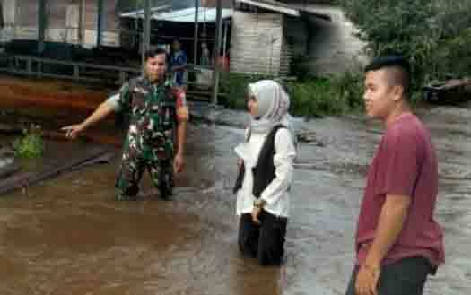 Babinsa Serka Agus Sunarto memantau banjir di Kelurahan Marang. (FOTO: PENDIM 1016 PALANGKA RAYA)