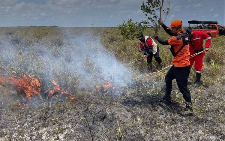 Sejumlah petugas saat berupaya memadamkan api yang membakar lahan di Desa Ujung Pandaran, Rabu 28 September 2022