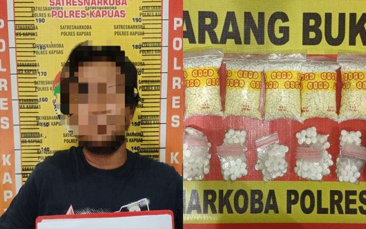Terduga pelaku kasus obat terlarang dan barang bukti diamankan Satresnarkoba Polres Kapuas. (FOTO: POLRES KAPUAS)