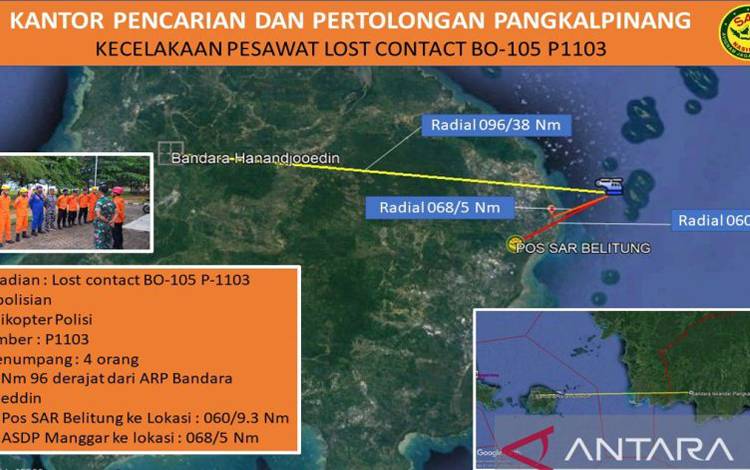 Titik koordinat diduga jatuhnya Helikopter NBO-105 dengan nomor registrasi P-1103 milik Polri di Belitung, Bangka Belitung, Minggu (27/11/2022). (ANTARA/Kasmono)