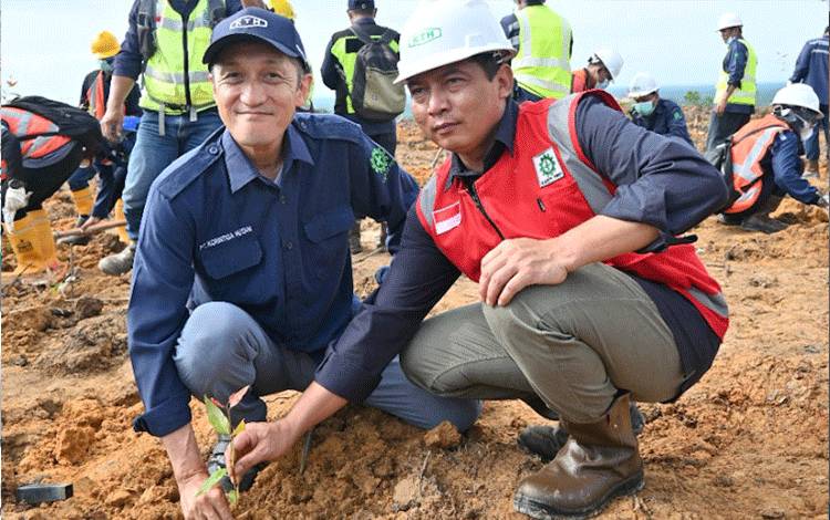 Direktur Utama PT. Korintiga Hutani Hironobu Abe dan Deputy General Manager Rais Sugito melakukan penanaman pohon bersama dalal momen peringatan Hari Menanam Pohon Indonesia, 28 November 2022.