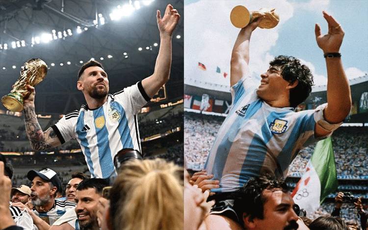 Foto kombinasi antara Lionel Messi pada 18 Desember 2022 setelah menjuarai Piala Dunia 2022 usai mengalahkan Prancis dalam final di Stadion Lusail, Doha, dan foto kapten Argentina Diego Armando Maradona menggenggam trofi Piala Dunia setelah timnya menang 3-2 melawan Jerman Barat dalam final Piala Dunia 1986 di Stadion Azteca, Mexico City, pada 29 Juni 1986. (Photo by Anne-Christine POUJOULAT / AFP) (AFP/ANNE-CHRISTINE POUJOULAT)