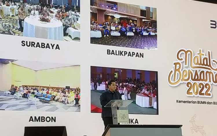 Menteri Badan Usaha Milik Negara (BUMN) Erick Thohir dalam acara Natal Bersama 2022 Kementerian BUMN dan BUMN di Tangerang, Banten, Sabtu (14/1/2023). ANTARA/Agatha Olivia Victoria.