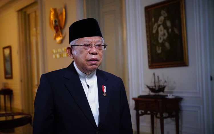 Wakil Presiden Maruf Amin memberikan sambutan secara daring dalam penutupan Rakornas Kepala Daerah dan Forkopimda se-Indonesia yang digelar di Sentul, Bogor, Jawa Barat, Selasa (17/1/2023). (ANTARA/HO-BPMI Setwapres)