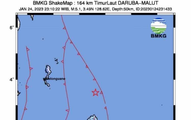 Peta gempa di Daruba Provinsi Maluku Utara yang diterbitkan BMKG. ANTARA/HO-Tangkapan layar