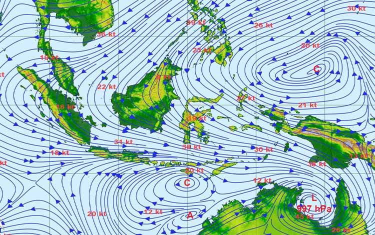 Info grafis prakiraan kecepatan angin lapisan 3.000 feet di atas wilayah Kalimantan. (FOTO: BMKG)