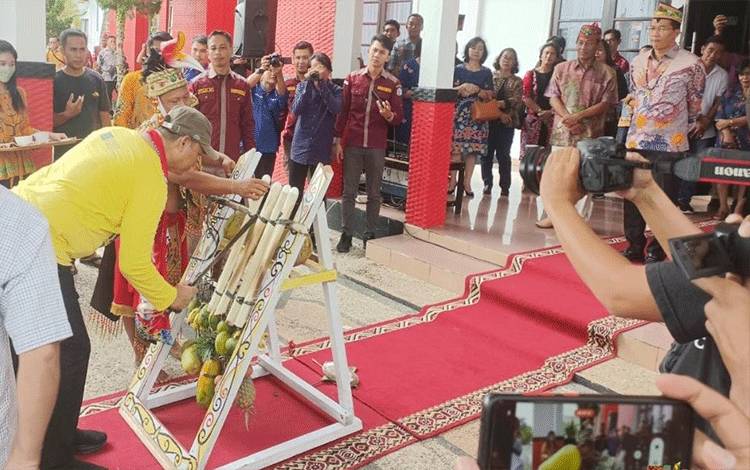 Bupati Bengkayang Provinsi Kalimantan Barat Sebastianus Darwis, SE.,MM saat melakukan proses penyambutan  ritual adat dayak yang disebut ngehak hompong, dihalaman rumah jabatan Bupati (rujab) Murung Raya pada Sabtu (18/3).