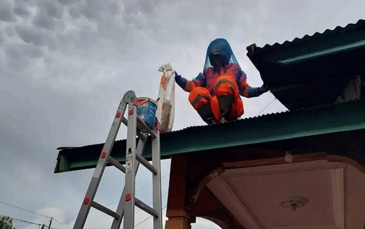 Petugas Rescue Damkar turun dari atap rumah setelah berhasil evakuasi sarang tawon, Minggu, 26 Maret 2023. (FOTO: SUCIPTO untuk BN)