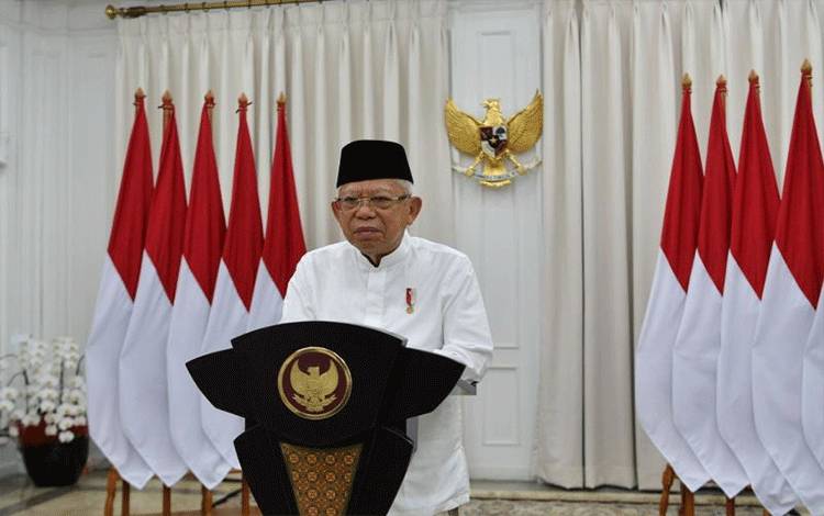 Wakil Presiden RI Mruf Amin memberikan sambutan secara daring pada peringatan Nuzulul Quran di Jakarta, Jumat (7/4/2023). ANTARA/HO-BPMI Setwapres