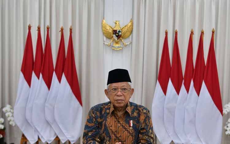 Wakil Presiden Ma'ruf Amin memberikan ucapan selamat HUT ke-77 TNI AU dalam tayangan video di Jakarta, Minggu (9/4/2023). ANTARA/HO-BPMI Setwapres