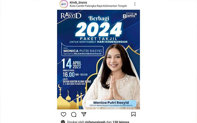 Flyer ajakan CEO Klinik Bisnis, Monica Putri Rasyid untuk masyarakat terlibat dalam pembagian 2.024 paket takjil nanti sore.(FOTO: TESTI PRISCILLA)