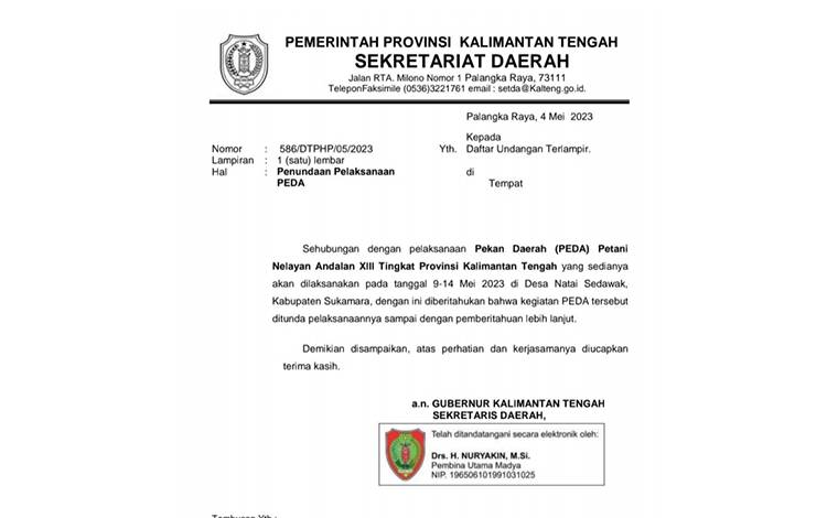 Surat edaran penundaan pelaksanaan Pekan Daerah Kontak Tani Nelayan Andalan (KTNA) XIII Tingkat Provinsi Kalimantan Tengah.