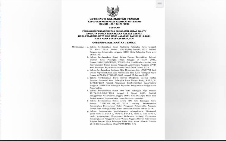 Surat Keputusan Gubernur Provinsi Kalimantan Tengah tentang pengangkatan PAW Syaufwan Hadi (FOTO : ISTIMEWA)