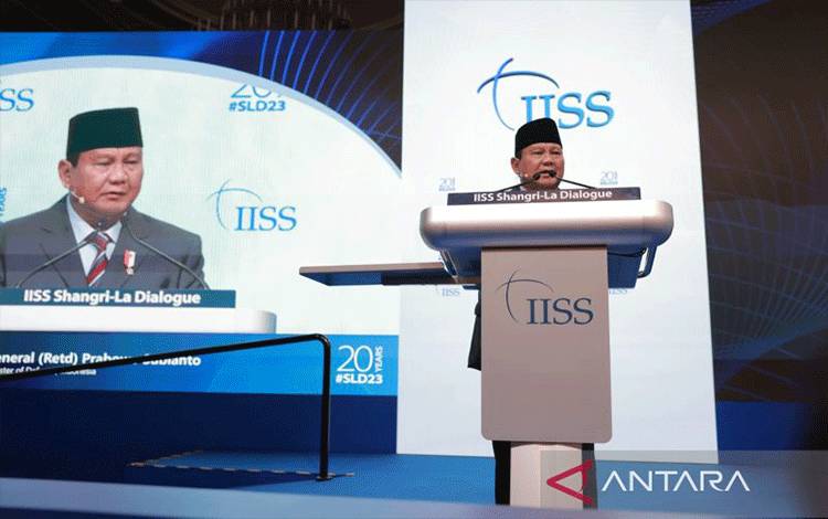Menteri Pertahanan RI Prabowo Subianto di International Institute for Strategic Studies (IISS) Shangri-La Dialogue 20th Asia Security Summit, Singapura, Sabtu (3/6/2023). ANTARA/HO-Tim Media Prabowo Subianto
