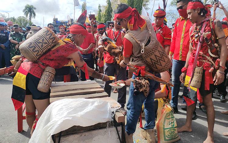 Pasukan Merah atau TBBR saat melakukan ritual adat di depan kantor Bupati Kotim Jalan Jenderal Sudirman. Kamis, 8 Juni 2023. (FOTO: BUDDI)