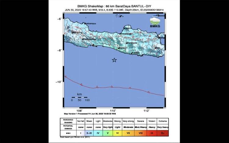 Peta sebaran guncangan gempa bumi magnitudo 6,4 yangengguncang Bantul, Yogyakarta, Jumat (30/6/2023). (FOTO ANTARA/HO-BMKG).