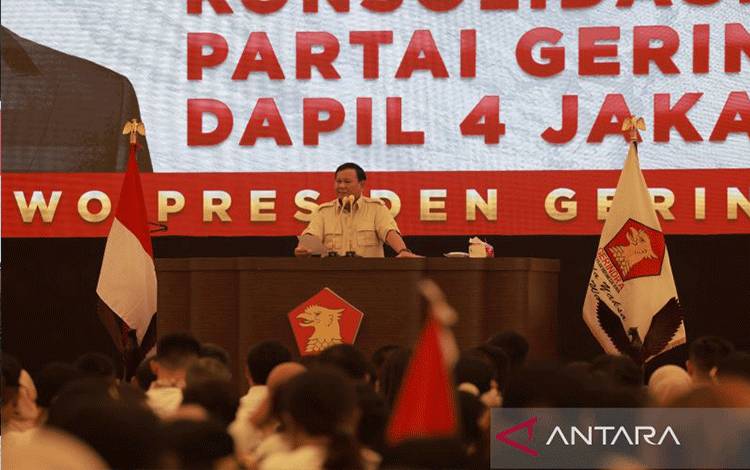 Ketua Umum Partai Gerindra Prabowo Subianto dalam Konsolidasi Akbar di Jakarta International Velodrome, Jakarta Timur, Minggu (16/7/2023). ANTARA/HO-Gerindra