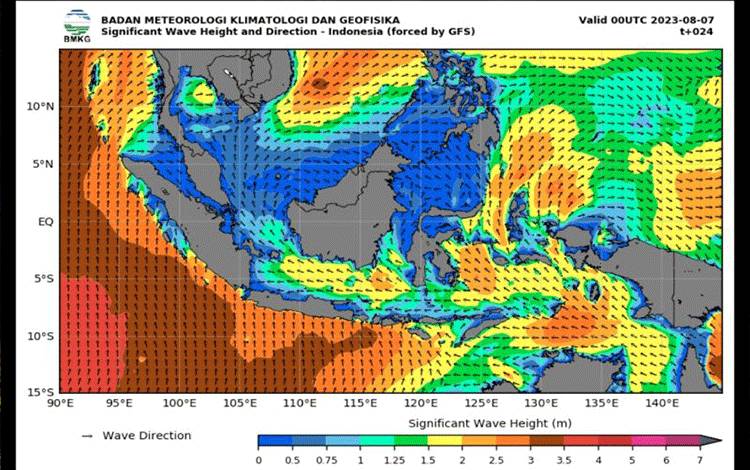 Peta potensi gelombang tinggi yang dirilis oleh Badan Meteorologi, Klimatologi, dan Geofisika (BMKG) pada Senin (7/8/2023). (ANTARA/HO-BMKG)