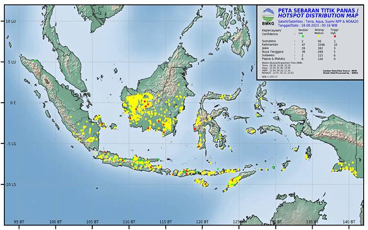 Peta sebaran titik hotspot di Indonesia. (BMKG)
