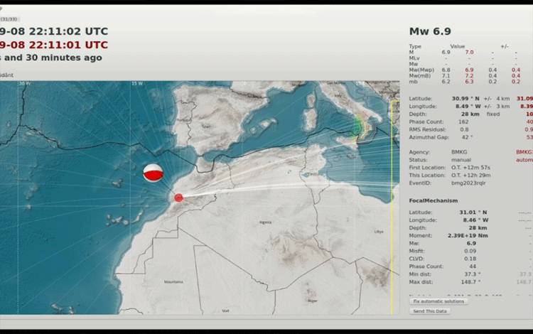 Titik pusat gempa magnitudo 6,9 di Maroko, Sabtu (9/9/2023). (ANTARA/HO-BMKG)