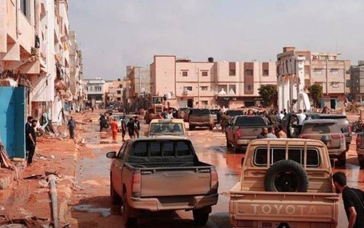 Pemukiman yang terendam banjir akibat hujan lebat melanda wilayah timur Libya, pada 10 September 2023. (file-Anadolu Agency)