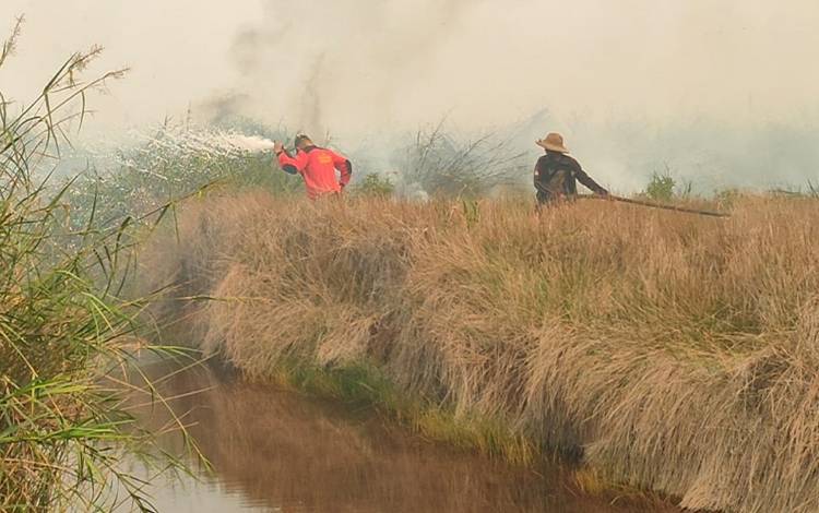 Tim Satgas Karhutla Kapuas saat berjibaku padamkan kebakaran lahan di Desa Kahuripan Permai, Kecamatan Dadahup. (FOTO: IST)