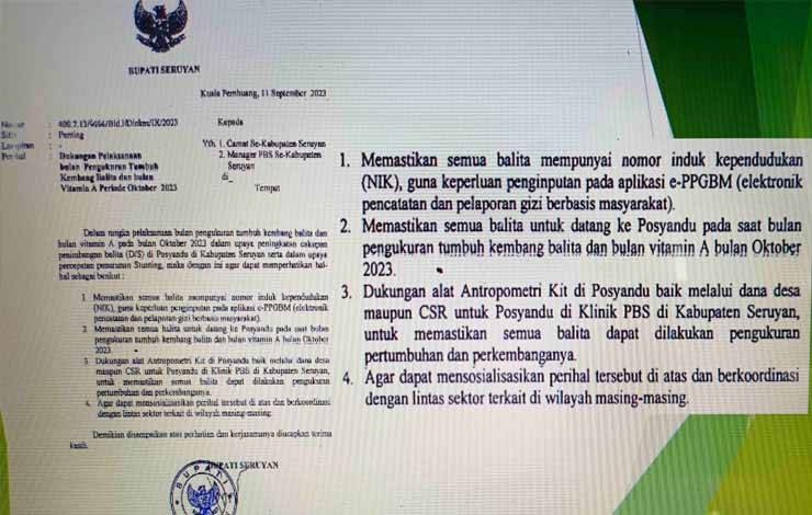 Surat Bupati Seruyan terkait dukungan pelaksanaan Bulan Pengukuran Tumbuh Kembang Balita (Foto : Ist)