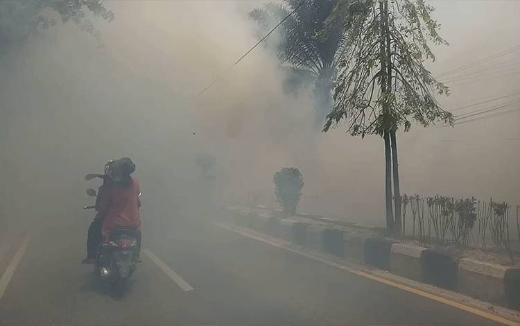 Kabut asap tebal di ruas Jalan Jenderal Sudirman pada pagi tadi, Senin, 2 Oktober 2023.(FOTO: NISA)
