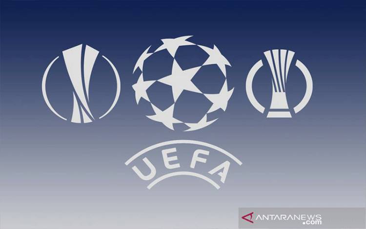 Ilustrasi logo tiga kompetisi klub Eropa yang bergulir musim 2021/22 yakni Liga Champions (tengah), Liga Europa (kiri) dan Liga Conference. (ANTARA/Gilang Galiartha)