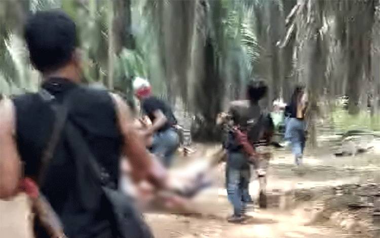 Penggalan video sejumlah orang di jalan perkebunan sawit membawa seorang pria bersimbah darah diduga sudah meninggal dunia.
