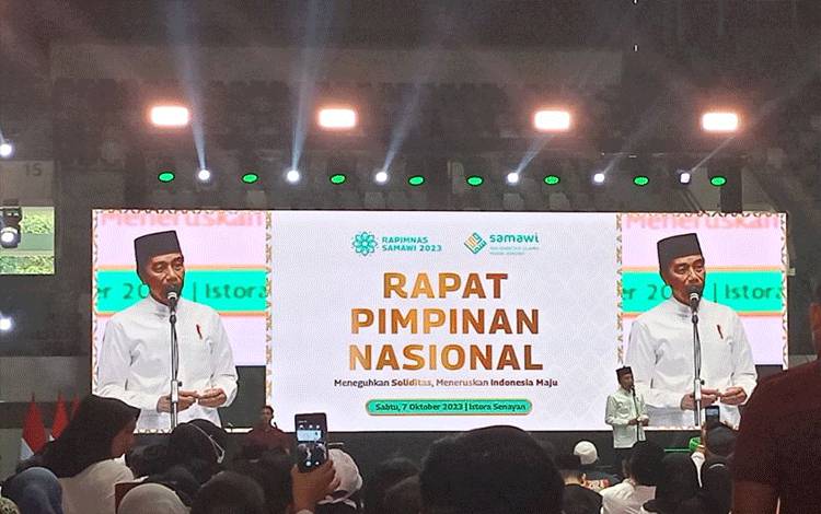 Presiden Joko Widodo saat menghadiri Rapimnas Samawi 2023 di Istora Senayan, Gelora Bung Karno, Jakarta, Sabtu (7/10/2023). (ANTARA/Rangga Pandu Asmara Jingga)