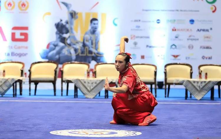 Peserta Pekan Olahraga Beladiri Nasional (POBN) atau Indonesia Martial Art Games (IMAG) 2023 cabang olahraga wushu yang berlangsung di Gor Pajajaran, Bogor, Sabtu (21/10/2023). (ANTARA/HO-KONI Pusat)