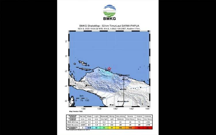 Titik gempa M 5,0 di wilayah Pantai Utara Sarmi, Papua, Rabu (8/11/2023). (ANTARA/HO-BMKG)