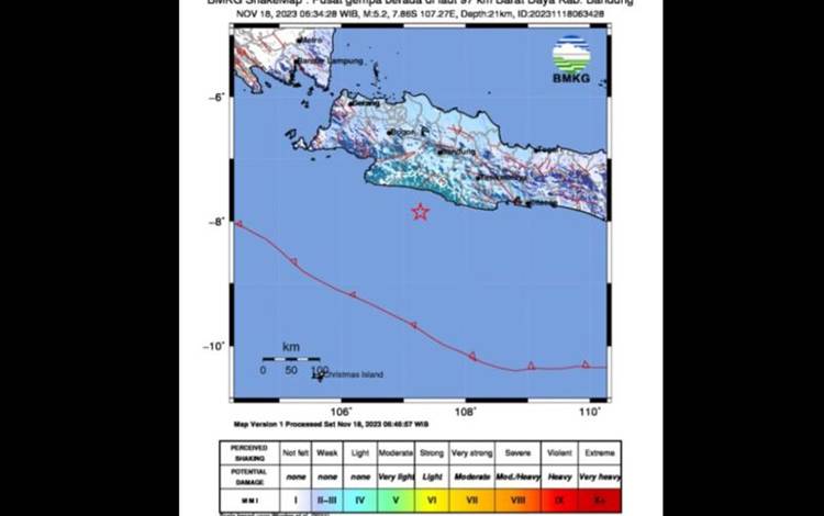 Peta pusat gempa bumi dengan magnitudo 5,2 di barat daya Kabupaten Bandung, Provinsi Jawa Barat, pada Sabtu (18/11/2023) pagi. (ANTARA/HO-BMKG)