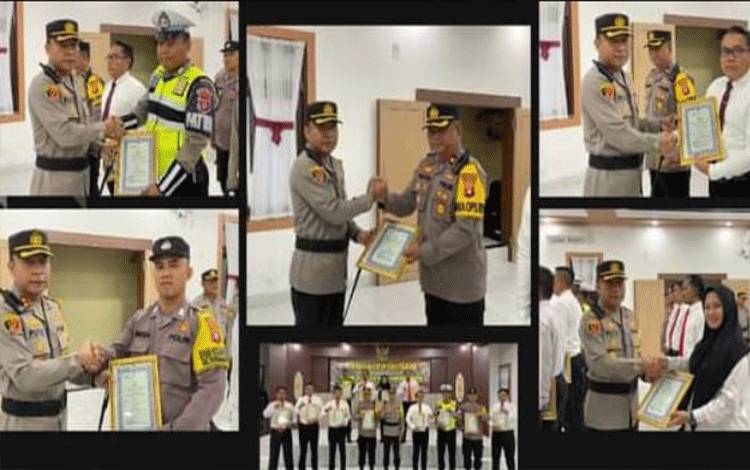 Polres Katingan menggelar upacara pemberian penghargaan kepada 12 personelnya karena dinilai berprestasi, Senin, 4 Desember 2023.