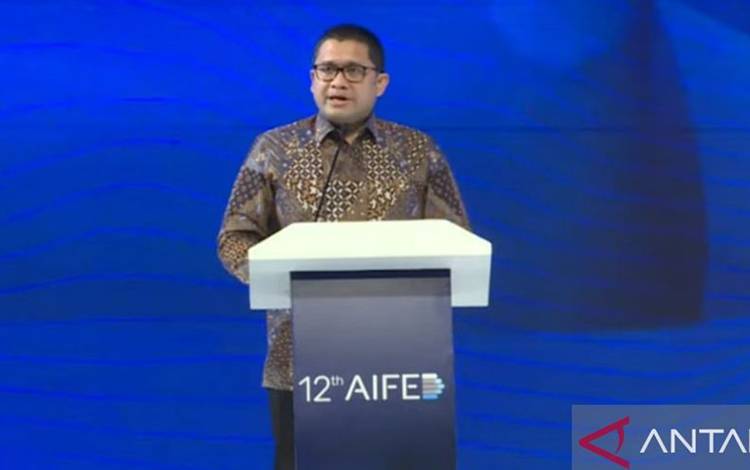 Kepala Badan Kebijakan Fiskal Febrio Kacaribu saat menyampaikan sambutan dalam AIFED 2023 di Bali, Rabu (6/12/2023) (AIFED 2023)