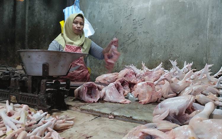 Salah satu lapak yang menjual daging ayam di Pasar Besar Palangka Raya.(FOTO: TESTI PRISCILLA)
