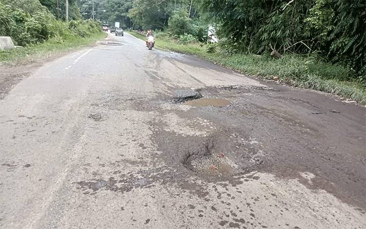 Jalan provinsi di RT 02 Desa Kandris Kecamatan Karusen Janang Kabupaten Barito Timur yang rusak atau berlubang. (FOTO: IST)