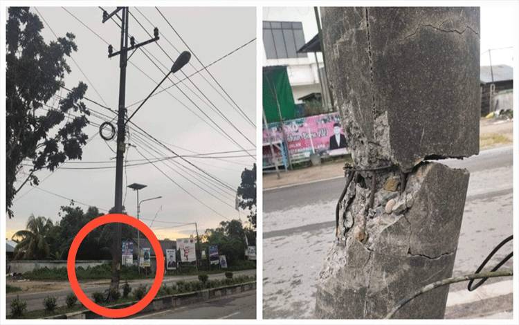 Kondisi tiang listrik di Jalan Natai Arahan, Pangkalan Bun nyaris putus. (Foto : ISTIMEWA)