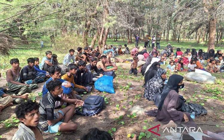 Imigran Rohingya di Pantai Kuala Parek, Kecamatan Sungai Raya, Kabupaten Aceh Timur, Senin (1/2/2024). ANTARA/Hayaturrahmah