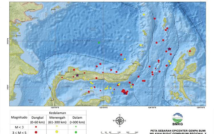 Sebaran gempa bumi yang menggetarkan Sulawesi Utara dan sekitarnya. ANTARA/HO-Stasiun Geofisika Manado