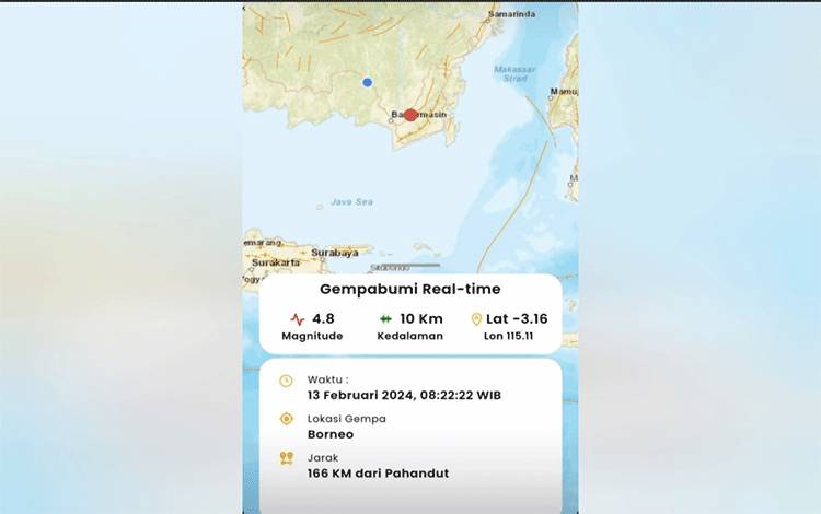 Peta terjadi gempa di daerah Kalsel (Foto : Stasiun Meteorologi Klimatologi Kelas I Tjilik Riwut Palangka Raya)