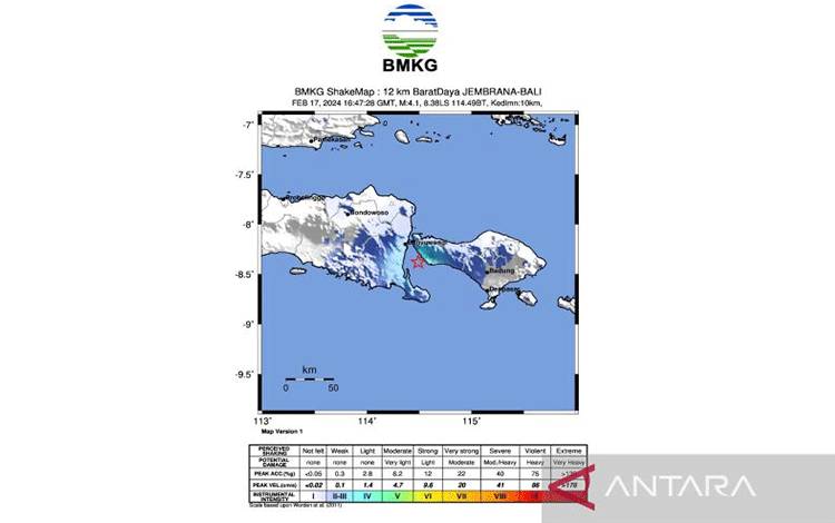 Peta lokasi gempa bumi magnitudo M4,1 yang bersumber di laut pada jarak 12 kilometer barat Jembrana, Bali pada kedalaman 10 kilometer, Minggu (18/2/2024) ANTARA/HO-BMKG